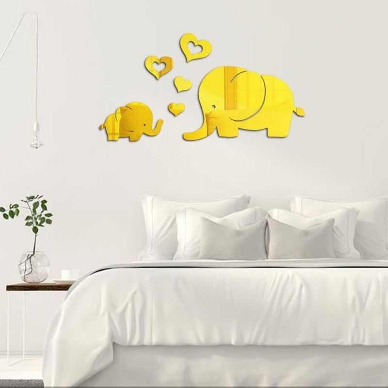 Asmi Collections Beautiful Cute Baby Elephants Acrylic Mirror Wall Stickers (Golden)