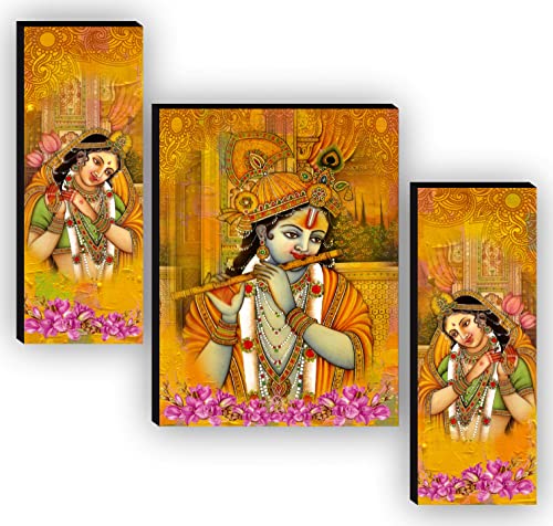 SAF Religious Radhe Krishna UV Textured Painting& Set of 3 Radha Krishna Flute Playing Modern Art Paintings for living room Painting 12 Inch X 18 Inch SAF-JM7730