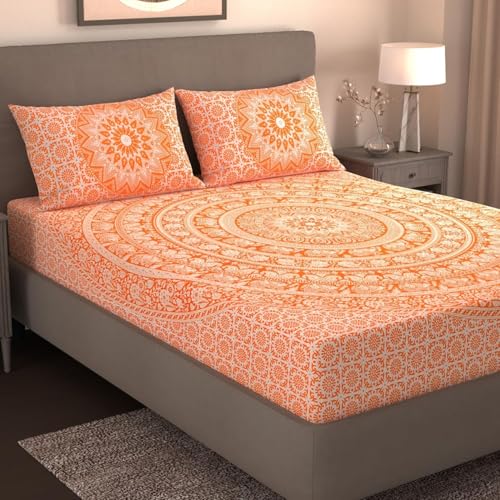 Värde Classic Collection Double Bedsheet with 2 Pillow Cover | 100% Cotton Bedsheets for Double Bed | All Season Comfort | Handmade Handloom Bedsheet | Size 86x90 inches (ArtyClick Orange)