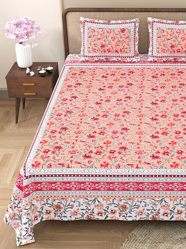 TIQH Hypoallergenic Skin Friendly Hand Block Printed 350 TC 100% Cotton Bedsheet with 2 Pillow Covers (90"x108" - King Size) (Sky)