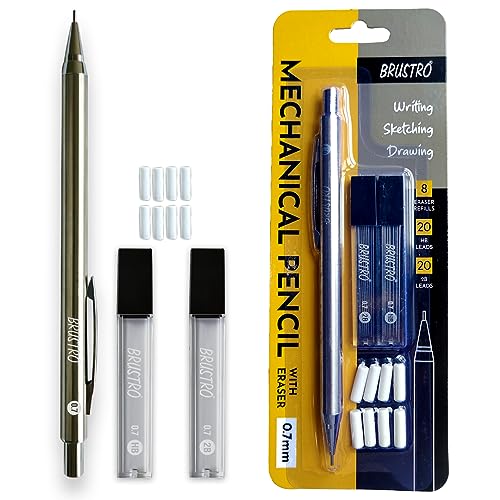 BRUSTRO Mechanical Pencil with Eraser 0.7mm Writing/Sketching/Drawing Spare leads HB-20 units. 2B-20 units Spare eraser- 8 units