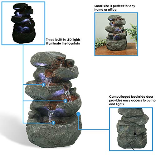 Sunnydaze Stacked Rocks Tabletop Water Fountain with LED Lights, 10.5 Inch