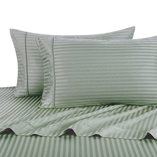 Full, Sage : Stripe Sage Full Size Sheets, 4PC Bed Sheet Set, 100% Cotton, 300 Thread Count, Sateen Striped, Deep Pocket, Deep Pocket, by Royal Hotel