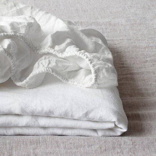 Simple&Opulence 100% Linen Fitted Sheet (1 Piece) Mattress Cover, Natural Belgian Flax-King Size, 14 Inch Deep Pocket Stone Washed-Farmhouse Bedding-White