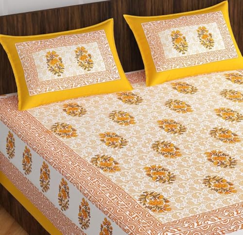 Cotton Double Bedsheet Set with 2 Pillow Covers, Jaipuri Printed, 90x100 cm, Yellow