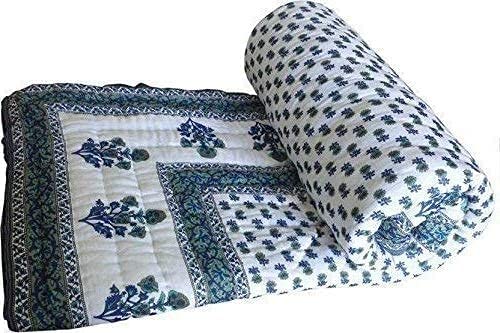 GEMS FABRIC NOMAN Traders Traditional Famous Jaipuri Beautiful Floral Print in White and Blue Jaipuri Rajai/Razai/Quilt Double/Double Bed Quilt/Comforter/AC Quilt/AC Comforter