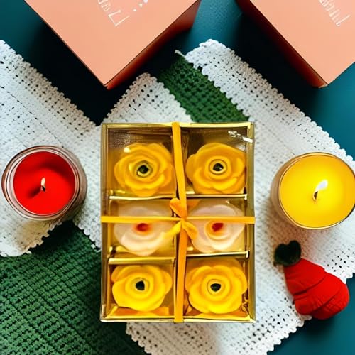 The Decor Affair Six Pieces of Beautiful Rose Flower Wax Floating Candles in Water - Elegant Flower Shaped Diyas/Candles for Home Decor, Diwali Gift, and New Year Gifts (Yellow).