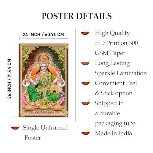 Indianara Rolled Sparkled Goddess Laxmi Art Print for Room Décor Digital Reprint 36 inch x 24 inch Painting (10778PST)