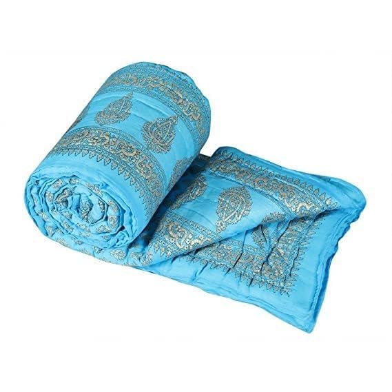 Om Enterprises Jaipuri 240 TC Double Bed Organic Cotton Jaipuri Razai Bed Blanket Quilt for Winter Soft Light Weight Jaipuri Traditional Rajai (Sky Blue, Double - 85x100 Inch)