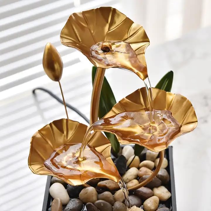 Cheet enterprise Tabletop Fountains Metal Water Fountain Waterfall Desktop Leaf Fountain Home Decoration Ornaments with Deep Basin and Natural River Rocks (Golden, 1 PCS)