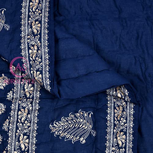 AUROSTYLE 400 TC Light Weight Pure Cotton Jaipuri Traditional Floral Design with Gold Print Double Bed Jaipuri Quilt/Razai/Rajai (Blue, Double Bed (90 x 105 Inch))