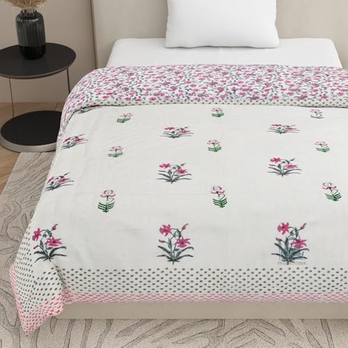 AARMOZY Cotton Jaipuri Razai Single Bed Hand Block Floral Buta Bail Print Quilt Blanket - Pink (Single Bed A)