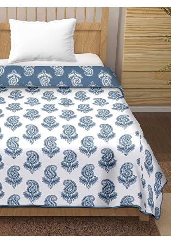 SNOWGREEN EXPORT Pure Cotton Reversible Dohar Single Bed Size | Jaipuri Printed Block AC Blanket | Soft Lightweight AC Summer Comforter Quilt (Dark Blue, Single - 56x88 Inch)