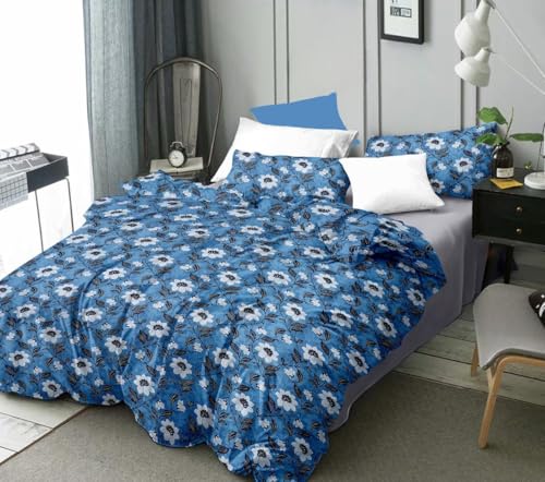 RNY HOME DECOR Double Bed Polycotton Floral Printed Bedsheet Set, Blue and White