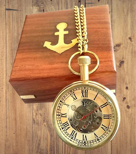 volin Wooden Box Clock Pocket Watch with Chain and Wooden Box Hand-Winding Pocket Watch Brass and Made in India See Through Movement,