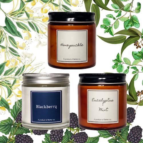 Better co Scented Soy Wax Amber Jar Candle Organic Luxury Aroma Burning Time Upto 20 Hours. Combo Pack of 3. Honeysuckle BlackBerry and Eucalyptus + Mint