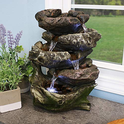 Sunnydaze 5-Step Rock Falls Tabletop Fountain with LED Lights, 14 Inch Tall