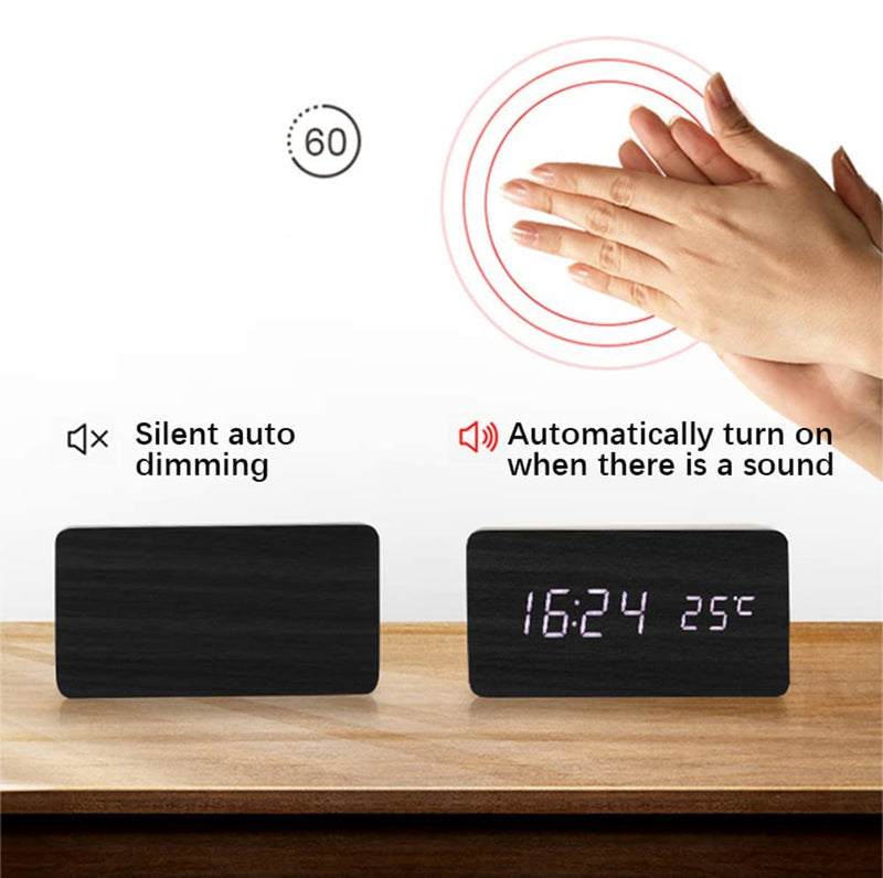 ThreeH Desk Wooden Alarm Clock Digital Adjustable Brightness 3 Set of Alarm and Voice Control Large Display Time Temperature Date USB or Battery Powered-AC11 Black, White-7W x 15H Cm