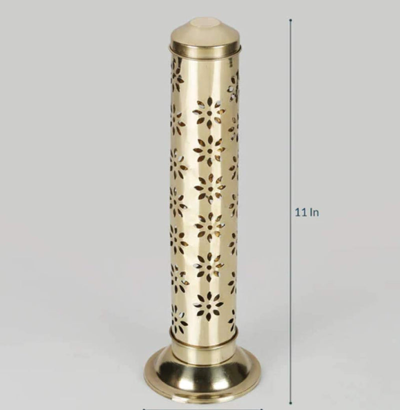 Antique Collection Floral Brass Agarbatti Stand with Ash Catcher,Set of 1 (8 L* 8 B* 26.5H cm)(Cylindrical)