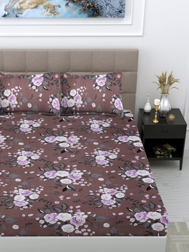 FABINALIV Brown Floral 300 TC Cotton Blend King Size Double Bedsheet with 2 Pillow Covers (FLBS-1166-Brown)