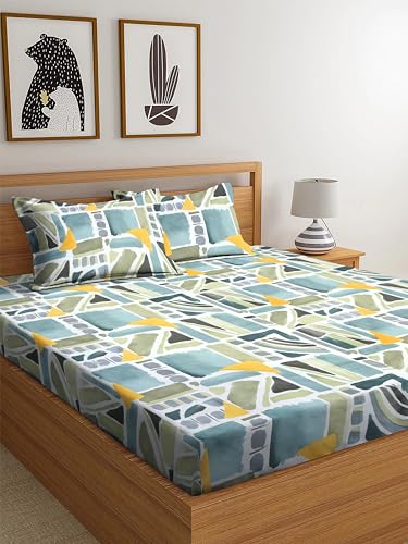 Mayas Collection Geometric Printed Fitted Bed Sheet Set, Blue, Green, Yellow