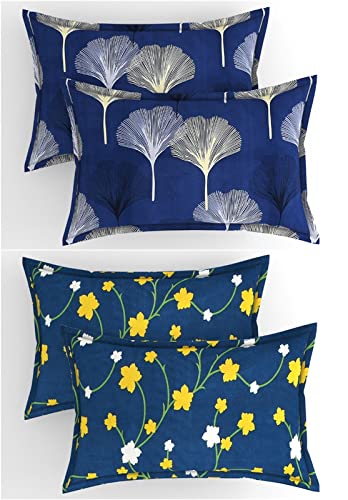 BSB HOME Glace Cotton Floral 160 TC 2 Single Bedsheets Coat Bed with 2 Pillow Covers (Blue & Yellow, 4X6 feet) - Combo Pack of 2