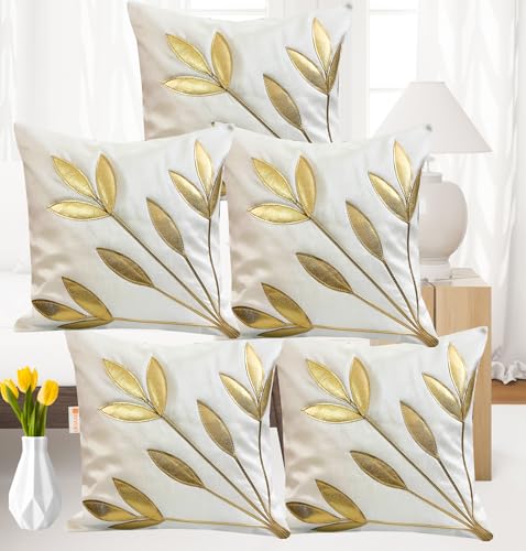 Urvaan White Golden Floral Silk Cushion Covers, 16 x 16 Inch, Set of 5