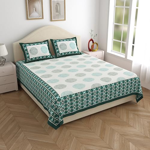 WestNic Jaipuri Print 100% Pure Cotton King Size Bedsheet for Double Bed | 400 TC (Thread Count) | Size 90 X 108 Inches | with 2 Cotton Pillow Covers | Floral Print Design-Karry (Forest Green)