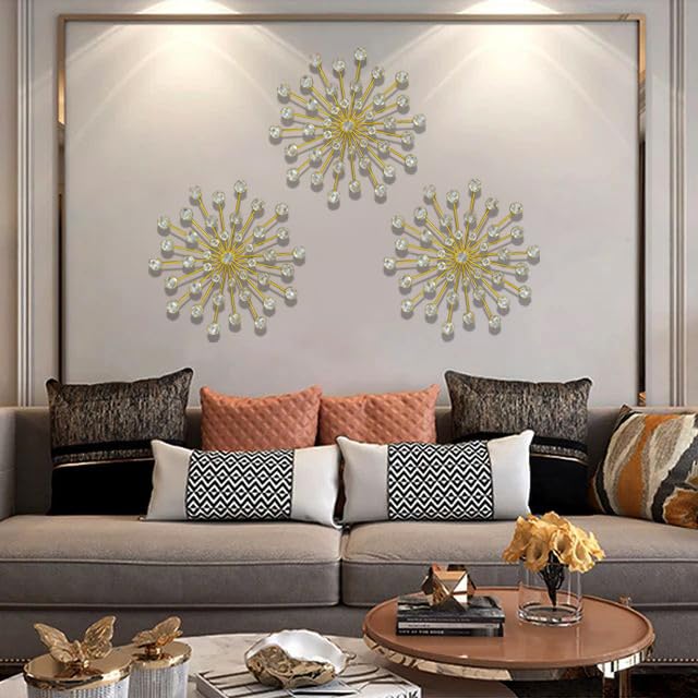 ZOVE Set of 3 Silver Metal Jeweled Wall Art - Sun Burst Rhinestone Wall Hanging for Elegant Home Decor (13.5 x 13.5 inch)