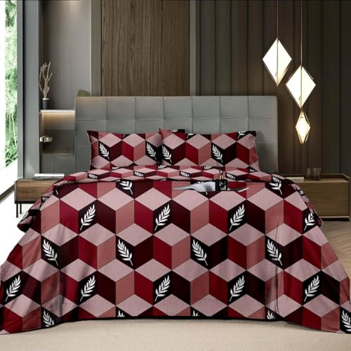 TANISHA HOME DECOR Super King Size Bedsheet, 108X120 Inch, 10 Feet Bedsheet, 240 TC Soft Rich Glace Cotton Fabric, XXXL Size with 2 Pillow Covers (Red & Brown)