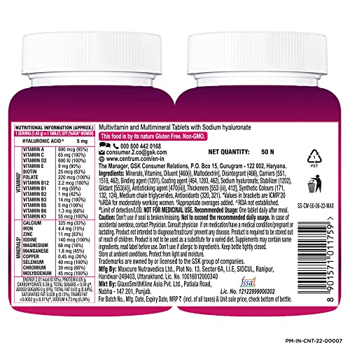 Centrum Women, World's No.1 Multivitamin with Biotin, Vitamin C & 21 vital Nutrients for Overall Health, Radiance, Strong Bones & Immunity (Veg) Pack of 50 tablets