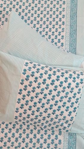 CHHAP Home Collection Hand Block Printed King Size Cotton Bedsheet(108"*100) with Two Pillow Cover,Blue Horizon Buties in Blue and White Colour