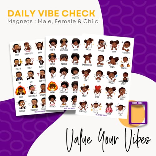 Value Your Vibes Daily Vibe Check Magnet - Female - Black Feelings, Emotions & Mood Chart - 8.5” x 5.5” - Two-Piece Magnet Set