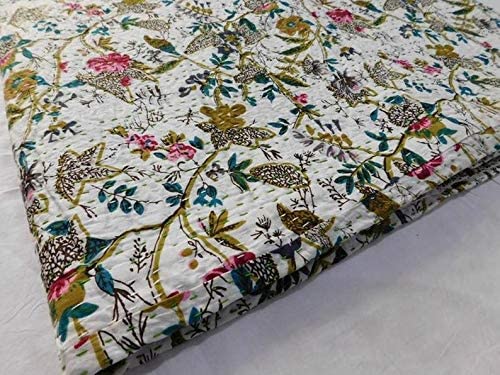 KERYAP Kantha Quilt Hippie Bed-Cover Throw and Cotton Blanket Twin Size Kantha Quilt Handmade 60 x90 inch Single Size