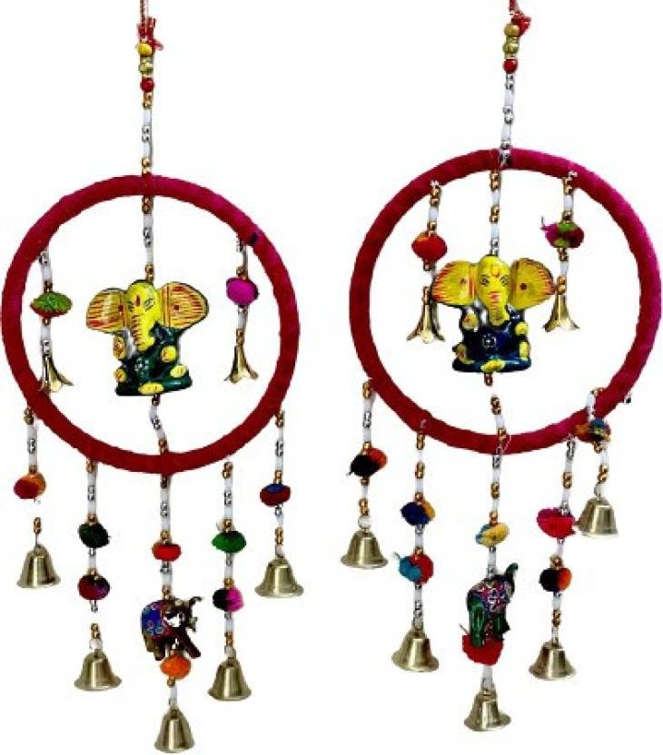 SPHINX Rajasthani Handcrafted Multicolour Wall Hanging Ganesh with Metal Bell Plastic Windchime (Height Approx. 60 cms/23.6 inches) - 2 Piece