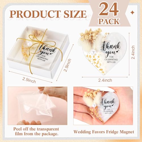 Coume 24 Pcs Wedding Favors for Guest Bulk Crystal Resin Fridge Magnet Handmade Wedding Gifts Souvenirs with Dry Flowers Thank You Text for Wedding Engagement Baby Bridal Shower