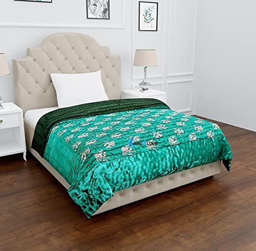 Indiafab Textiles Jaipuri Razai Rajasthani Traditional Silk Fabric Filling Pure Cotton Lightweight Winter and Summer Rajai Quilt Bedding Throw Blanket (Green Elephant Double Bed 90 X 108 INCHES)