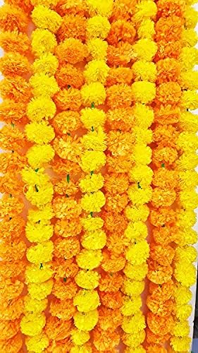 DECOFOLD Genda Phool Yellow Dark Orange Artificial Marigold Fluffy Flower/Genda Phool Garlands String for Diwali, Navratri,Durga Pooja Festival Office Decoration 5 Feet (Pack of 15)