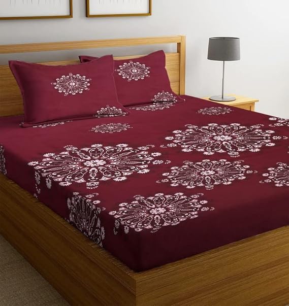 ELMORA Glace Cotton 210 TC Elastic Fitted Bedsheet King Size Bed with 2 Pillow Cover Soft Glace Cotton Bed Cover in Fitted Bedsheet (Size 78x72x8 Inch) (Maroon Charkha)