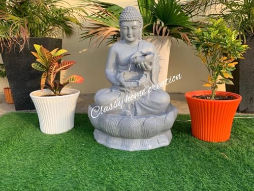 Classy Home Creation Garden Fountain with LED Light, Buddha Statue, Decorative Water Feature, Buddha Kamal Fountain 3 FEET | Home Decor Fountain Fiber (Grey)