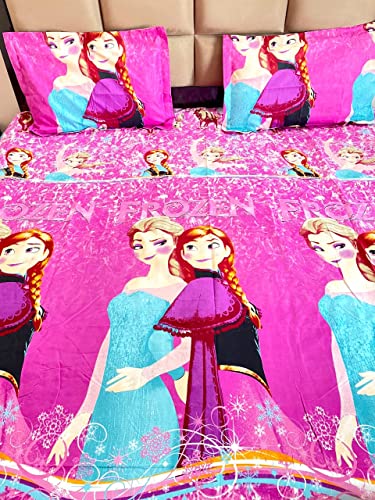 Bless Kraft Kids Cartoon Character King Size 100% Cotton Glace Bedsheet (Size: 95 X 108 Inches) GSM 230 (Pink Alsa)