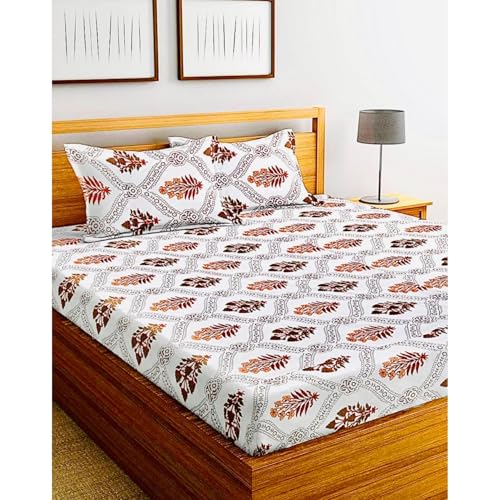 LA COZEE Cotton Fitted Bedsheets with 2 King Size Pillow Covers, Double Bed Sheet, 230x230 cm, White Royal Red Flowers Pattern, 210-220 TC