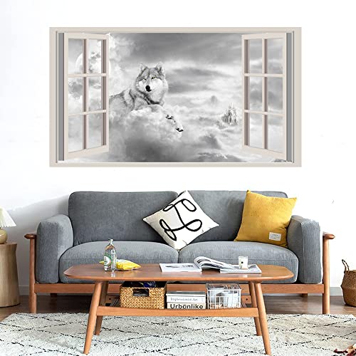 GADGETS WRAP Printed Wall Decal Sticker Fake Window Style Decal (90cm x 50cm) - White Fox in Cloud