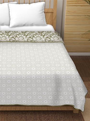 Dream Dwell 100% Pure Cotton Reversible Dohar/AC Blanket for Double Bed |All Weather Light Weight | Floral Design Dohar| Pack of 1-Moss Bel, Green and White.