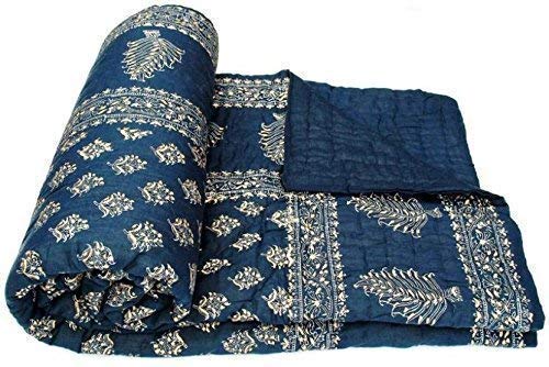 Slickcomfort Rajasthani Traditional Light Weight Pure Cotton Single Bed Soft Jaipuri Floral Print AC Quilt/Razai (Blue Dai Gold)