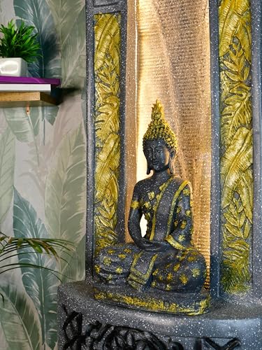 Sowpeace Golden Buddha Water Fountain – Elegant Buddha Sitting Against Tall Wall showpiece, Set of 1 Premium Resin Made Table Top Home Decor for Living Room and Gifting(58 cm,Golden)