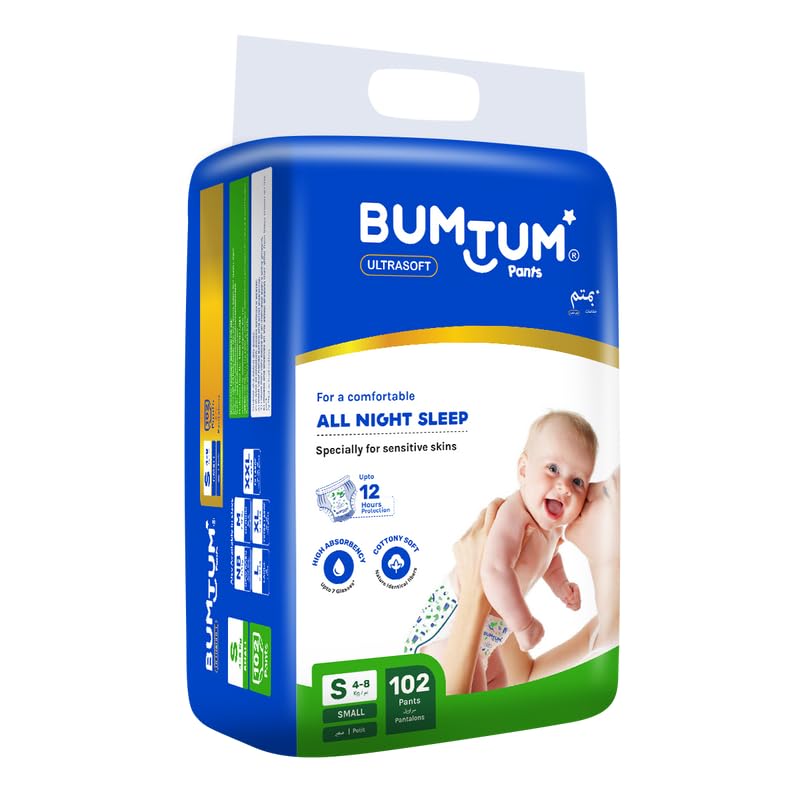 Bumtum Baby Diaper Pants, Small/S Size, 102 Count, Double Layer Leakage Protection Infused With Aloe Vera, Cottony Soft High Absorb Technology