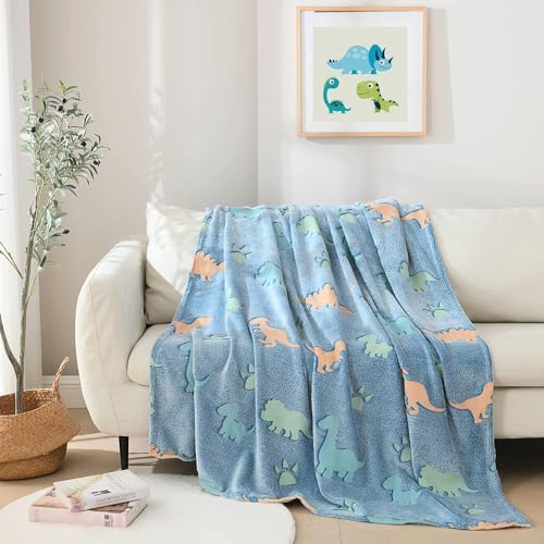 OBIXO Radium Blanket Magic Glowing at Night in The Dark Blanket All Season Kids Blanket Flannel Plush Luminous Throw Blanket (Baby Double bed-6x6-feet) (Blue Dino)