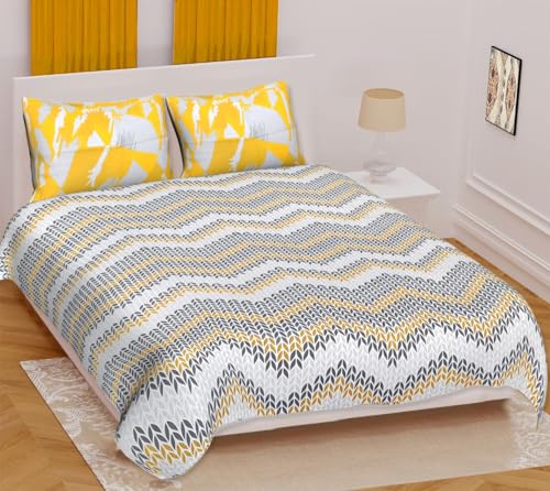 Proudly Made in India .100% Pure Cotton Double Bedsheet Amazing Desingn Cotton Bedding with 2 Pillow Covers (Yellow Grey)