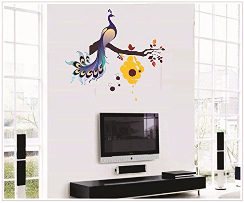 Asmi Collections PVC Wall Stickers Beautiful Peacock on Tree Branch and Honey Bees